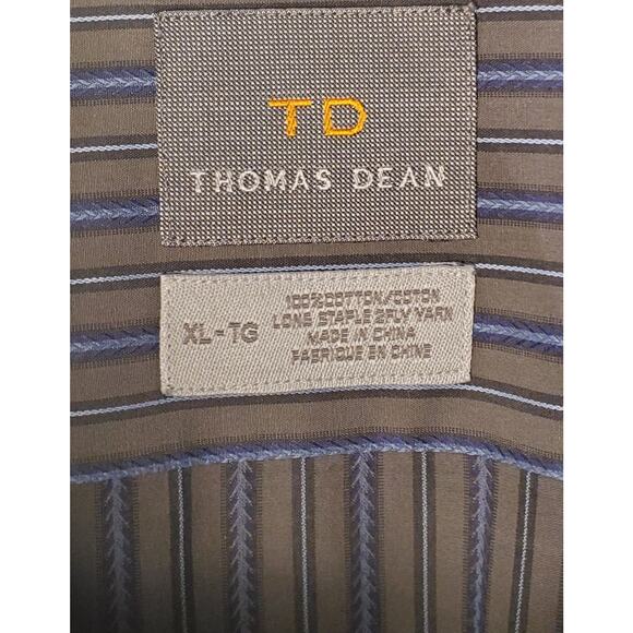 Thomas Dean Dress Shirt XL Mens Blue Gray Stripe Cotton Lightweight Collegiate - Picture 2 of 8